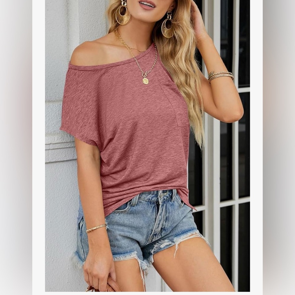 Women's Summer Cap Sleeve Top Business Casual Loose Basic T Shirts Rose XL